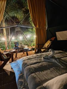 a room with a tent with a snake on a bed at Momotus Glamping in Florencia
