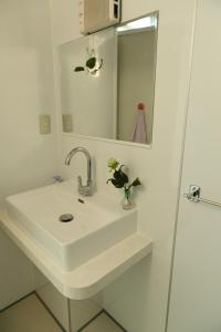 W białej łazience znajduje się umywalka i lustro. w obiekcie Mkグリーンホテル w mieście Kawaguchi