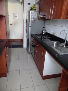 a kitchen with a sink and a refrigerator at Kuizi departamento Manuel Montt in Santiago