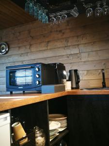 a kitchen with a counter top with a microwave at ''Ābeļdārzs'' in Jelgava