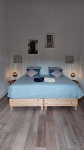 een slaapkamer met een bed met blauwe lakens en 2 lampen bij Quinta da Cortiça in São Brás de Alportel