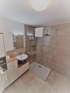 y baño con ducha y lavamanos. en Apartments HAUS SCHÖN - Preise inclusive Pitztal Sommer Card, en Jerzens