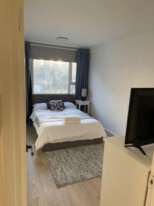a bedroom with a bed with a window and a television at Self-catering fully equipped apartment in Vauxhall in London