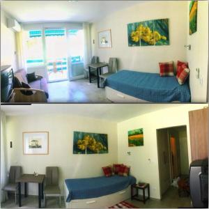 Duas fotografias de um quarto com uma cama e uma sala de estar em Csopak Apartman em Csopak