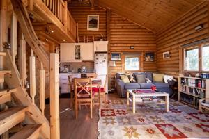 a living room and kitchen in a log cabin at The Flysch in Miríki