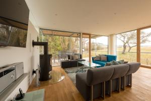 a living room with a couch and chairs and a fireplace at Donauoase in Donaueschingen