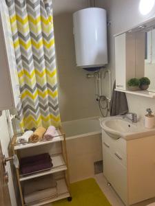 a bathroom with a sink and a shower curtain at Apartments Bajkovic in Kotor