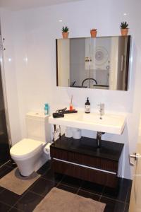 a bathroom with a toilet and a sink and a mirror at Perfectly Located Modern Apartment - Canberra CBD in Canberra