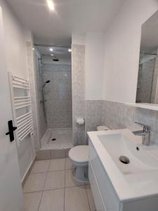 La salle de bains est pourvue d'un lavabo, de toilettes et d'une douche. dans l'établissement Kilomètre 99, à Pont-sur-Yonne