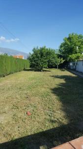 un patio con valla, árboles y césped en Casa rural en Padul entre Sierra Nevada y la Costa, en Granada