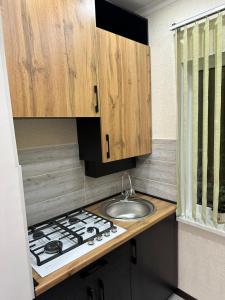 uma pequena cozinha com um lavatório e um fogão em Двухкомнатная квартира em Shymkent