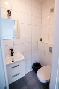 łazienka z białą umywalką i toaletą w obiekcie Leśny zakątek w mieście Rybno