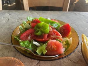a plate of salad with tomatoes and lettuce on a table at 2 Palaepaphos Gardens in Kouklia