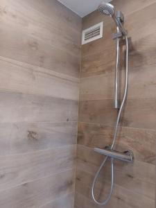 a shower with a shower head on a wooden wall at Aux six fontaines in Herve