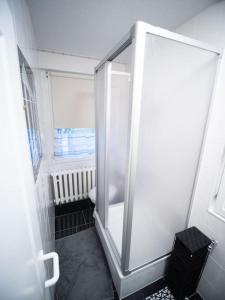 a small bathroom with a shower and a window at Apartment Buckow in Buckow