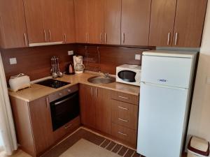 a small kitchen with wooden cabinets and a white refrigerator at Apartment Dream Pamporovo in Pamporovo +2 photos