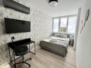 a bedroom with a bed and a desk and a tv at Millennium Apartman Tatabánya in Tatabánya
