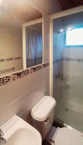 uma casa de banho com um WC, um lavatório e um chuveiro em Cabaña en Los Romeros Con Con em Concón