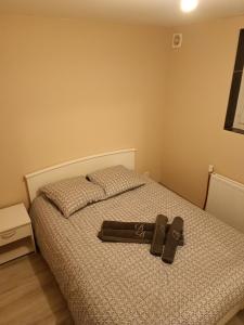 a bed with two slippers on top of it at Un bon momentde dente in Bonneville