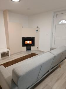 a couch in a living room with a fireplace at Un bon momentde dente in Bonneville