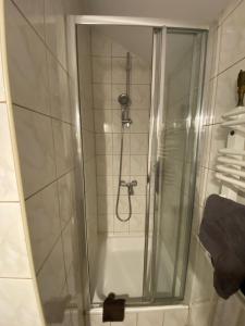 a shower with a glass door in a bathroom at Pokoje gościnne Harnaś in Kudowa-Zdrój