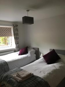 um quarto com 2 camas, uma janela e uma cadeira em Woodview Lodge em Chesterfield