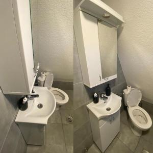 bagno con lavandino, servizi igienici e specchio di The Tara Concept a Šljivovica