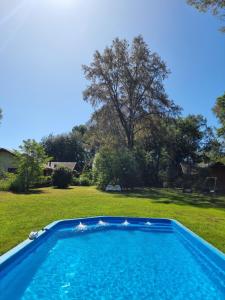 una piscina azul en un patio con patio en La Casa del Árbol Villarrica Cabañas-Piscina-Tinajas, en Villarrica