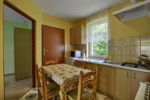 uma cozinha com uma mesa, um lavatório, uma mesa e cadeiras em Roman Tarnawa "Nasz Domek" em Szczytna