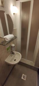 a bathroom with a sink and a shower and a mirror at Hotel Oswaldo in Budapest