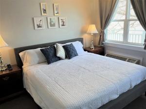 a bedroom with a bed with blue pillows and a window at Come from Away B&B in Digby