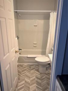 a bathroom with a toilet and a bath tub at Come from Away B&B in Digby