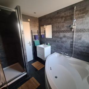 a bathroom with a tub and a shower and a sink at Villa standing 10 personnes piscine/ pinède in Canet-en-Roussillon