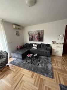 a living room with a black couch and a rug at Apartman West - private parking place in Zagreb
