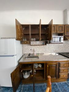 cocina con armarios de madera, fregadero y nevera en Nonno Coletto en Tupungato
