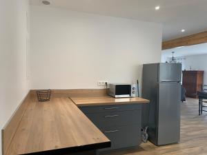 a kitchen with a counter with a microwave and a refrigerator at Gîte Camdeborde 2 personnes au cœur du village de Laruns in Laruns +4 photos