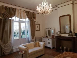 a living room with a couch and a mirror and a chandelier at Manoir le Louis XXI in Masnières