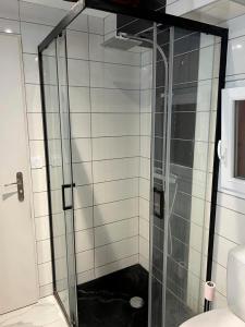 uma cabina de duche em vidro numa casa de banho com WC em Bel appartement T3 proximité centre et commerces em Pélussin