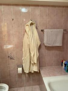 a bathroom with a towel hanging on the wall at Garden Studio Apartment Crans Montana in Crans-Montana