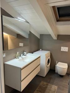 a bathroom with a sink and a washing machine at Mansarda Angel's Home in Ponte di Legno