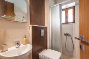 y baño con aseo, lavabo y ducha. en Iris Villas Lefkada - Karavi Villa, en Évyiros