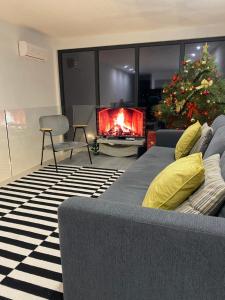 een woonkamer met een bank en een kerstboom bij Douro Box in Castelo de Paiva