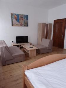 - un salon avec un lit, un canapé et une table dans l'établissement Apartmani Aleksandar, à Nevesinje