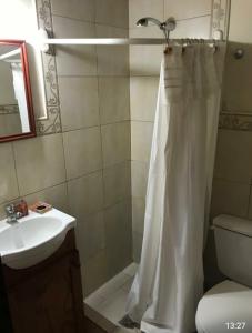 y baño con cortina de ducha y lavamanos. en Casa El Cobijo en Tandil