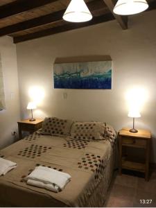 1 dormitorio con 1 cama con 2 lámparas en 2 mesas en Casa El Cobijo en Tandil