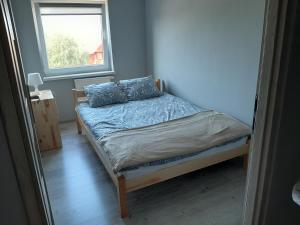 Wakacje nad morzem w Rusinowie في ريوزينو: غرفة نوم مع سرير ووسائد زرقاء ونافذة