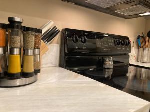 a kitchen counter with a stove and some spices at Classic City 3 bedroom 2 bath condo with deck close to UGA, Five Points, and Memorial Park in Athens in Athens