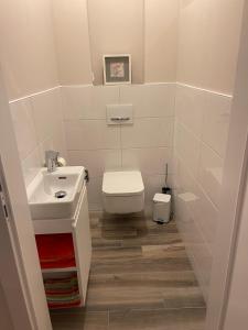 een kleine badkamer met een wastafel en een toilet bij kleines Seeglück in Feldkirchen in Kärnten