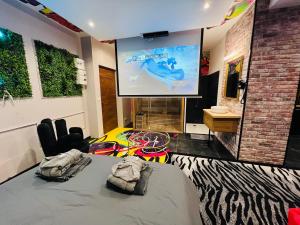 Televízia a/alebo spoločenská miestnosť v ubytovaní Capsule Street Art - Sauna- Jacuzzi - Playstation 5 - Billard - Netflix - Home cinéma - Terrasse