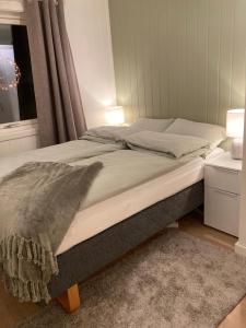 1 cama grande en un dormitorio con ventana en Fantastic view, quiet and relaxing by the sea en Kvaløya